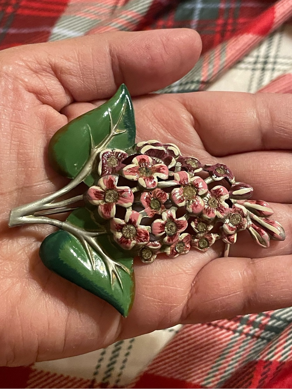 Vintage Floral Cluster Enamel Brooch in Pink and Green